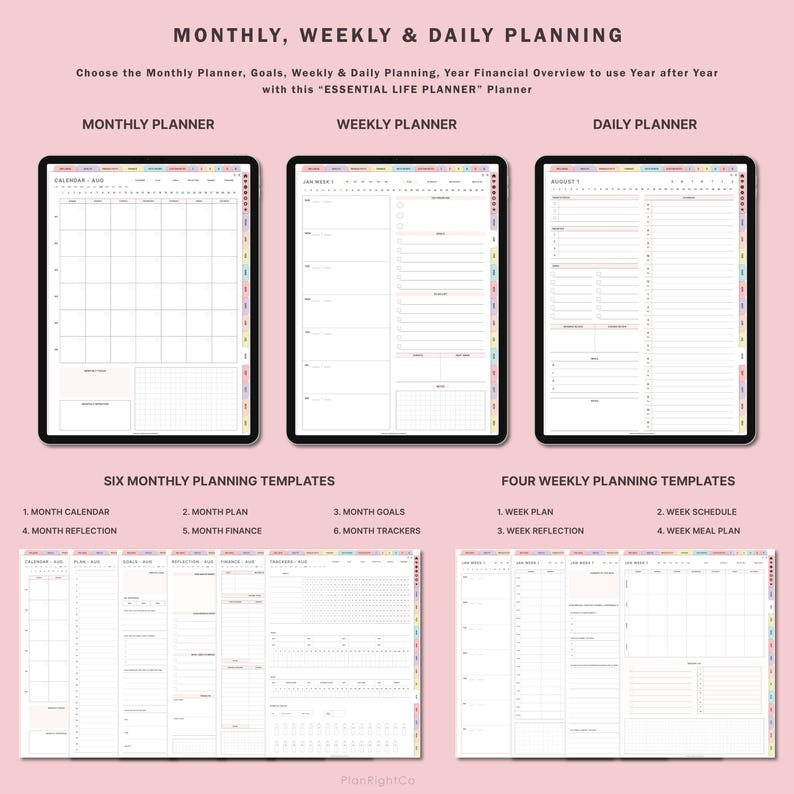 Pu&ograve; includere: Un planner digitale con sei modelli di pianificazione mensile e quattro modelli di pianificazione settimanale. I modelli includono un calendario, un piano, obiettivi, riflessione, finanze, tracker, piano settimanale, programma, riflessione e piano pasto. Il planner &egrave; progettato per l'uso su un tablet o un computer.