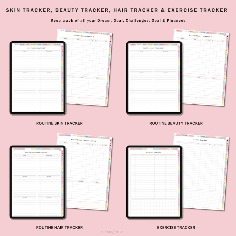 May include: Digital planners for skin, beauty, hair, and exercise tracking. Each planner is displayed on a black tablet with a white interior. The text at the top reads "SKIN TRACKER, BEAUTY TRACKER, HAIR TRACKER & EXERCISE TRACKER". The text at the bottom reads "ROUTINE SKIN TRACKER", "ROUTINE BEAUTY TRACKER", "ROUTINE HAIR TRACKER", and "EXERCISE TRACKER".
