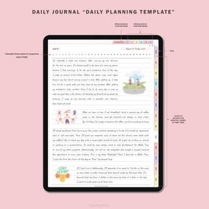 Op de afbeelding: Een digitale planner-sjabloon voor dagelijkse planning met een kleurrijk ontwerp. De sjabloon bevat een dagelijkse journaal-sectie met een handgeschreven invoer, een kalendersectie en een sectie voor maandelijkse pagina's. De sjabloon is ontworpen om gebruikers te helpen georganiseerd en productief te blijven.