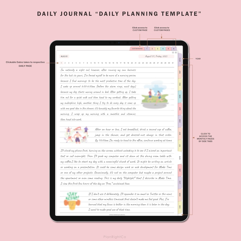 Op de afbeelding: Een digitale planner-sjabloon voor dagelijkse planning met een kleurrijk ontwerp. De sjabloon bevat een dagelijkse journaal-sectie met een handgeschreven invoer, een kalendersectie en een sectie voor maandelijkse pagina's. De sjabloon is ontworpen om gebruikers te helpen georganiseerd en productief te blijven.