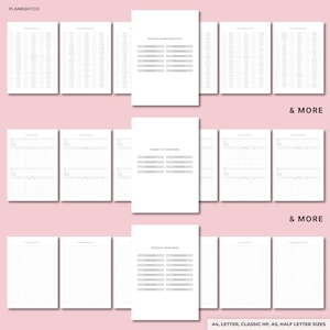 Puede incluir: Una colecci&oacute;n de p&aacute;ginas de planificador blancas con texto y dise&ntilde;os de cuadr&iacute;cula. Las p&aacute;ginas est&aacute;n organizadas en secciones como "Room by Room Essentials", "Budget by Room Menu" y "Design by Room Menu". El texto "& MORE" aparece a la derecha. El texto "A4, LETTER, CLASSIC HP, A5, HALF LETTER SIZES" est&aacute; en la parte inferior.