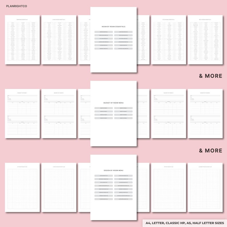 Puede incluir: Una colecci&oacute;n de p&aacute;ginas de planificador blancas con texto y dise&ntilde;os de cuadr&iacute;cula. Las p&aacute;ginas est&aacute;n organizadas en secciones como "Room by Room Essentials", "Budget by Room Menu" y "Design by Room Menu". El texto "& MORE" aparece a la derecha. El texto "A4, LETTER, CLASSIC HP, A5, HALF LETTER SIZES" est&aacute; en la parte inferior.