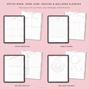 K&ouml;nnte beinhalten: Ein digitaler Planer mit bunten R&auml;ndern und Registerkarten. Der Planer enth&auml;lt Abschnitte f&uuml;r B&uuml;roarbeit, h&auml;usliche Pflege, Routine-Checklisten und Wellness-Tracker. Der Text "OFFICE-WORK, HOME CARE, ROUTINE & WELLNESS PLANNING" befindet sich oben auf der Seite. Der Text "Keep track of all your Dream, Goal, Challenges, Goal & Finances" befindet sich unter dem Titel. Der Planer enth&auml;lt Abschnitte f&uuml;r "OFFICE-WORK PLAN", "HOME PLANNING", "ROUTINE CHECKLIST" und "WELLNESS TRACKERS".