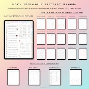 May include: A digital planner with templates for organizing baby care. The planner includes sections for daily, weekly, and monthly planning, with categories such as baby appointments, wellness check logs, baby's growth, immunization tracker, mom symptoms, mom medications, baby symptoms, baby medications, baby sleep log, and baby photos.