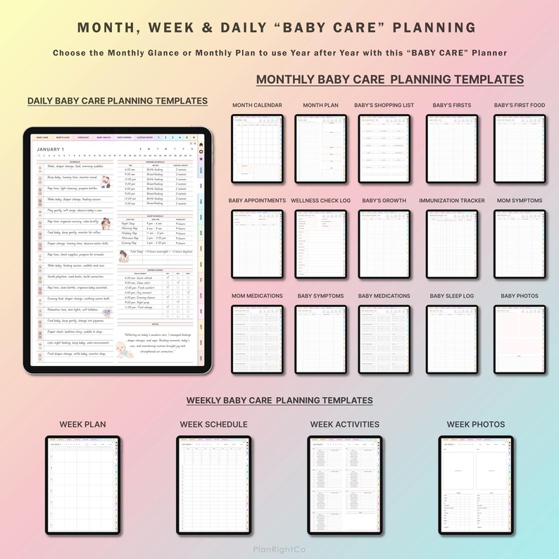 May include: A digital planner with templates for organizing baby care. The planner includes sections for daily, weekly, and monthly planning, with categories such as baby appointments, wellness check logs, baby's growth, immunization tracker, mom symptoms, mom medications, baby symptoms, baby medications, baby sleep log, and baby photos.