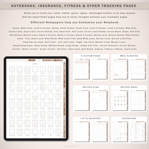 May include: A digital screen displaying a variety of notebook page templates. The templates include notes, meal planning, recipes, lists, and conversions. The templates are organized in a grid layout with brown accents.