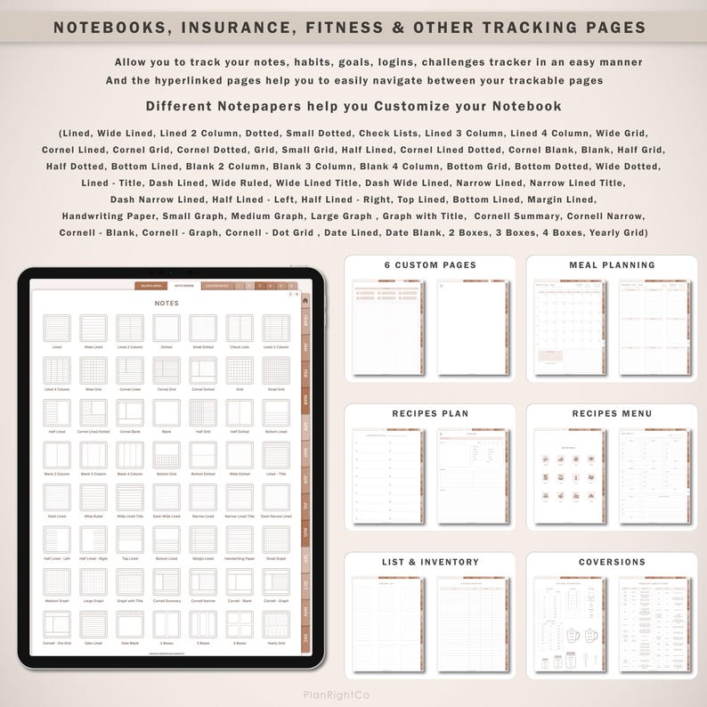 May include: A digital screen displaying a variety of notebook page templates. The templates include notes, meal planning, recipes, lists, and conversions. The templates are organized in a grid layout with brown accents.