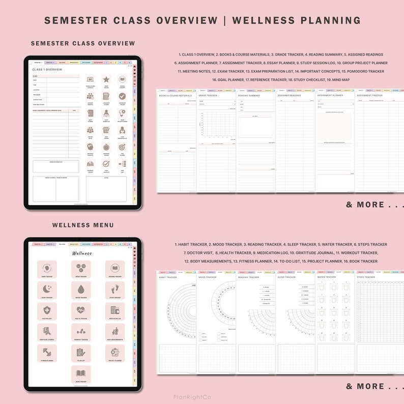 May include: A digital planner with a pink background and a white grid. The planner is divided into two sections: "Semester Class Overview" and "Wellness Menu". The "Semester Class Overview" section includes a class overview, assignment planner, exam tracker, and more. The "Wellness Menu" section includes a habit tracker, mood tracker, reading tracker, sleep tracker, water tracker, steps tracker, doctor visit, health tracker, medication log, gratitude journal, workout tracker, body measurements, fitness planner, to-do list, project planner, and book tracker.