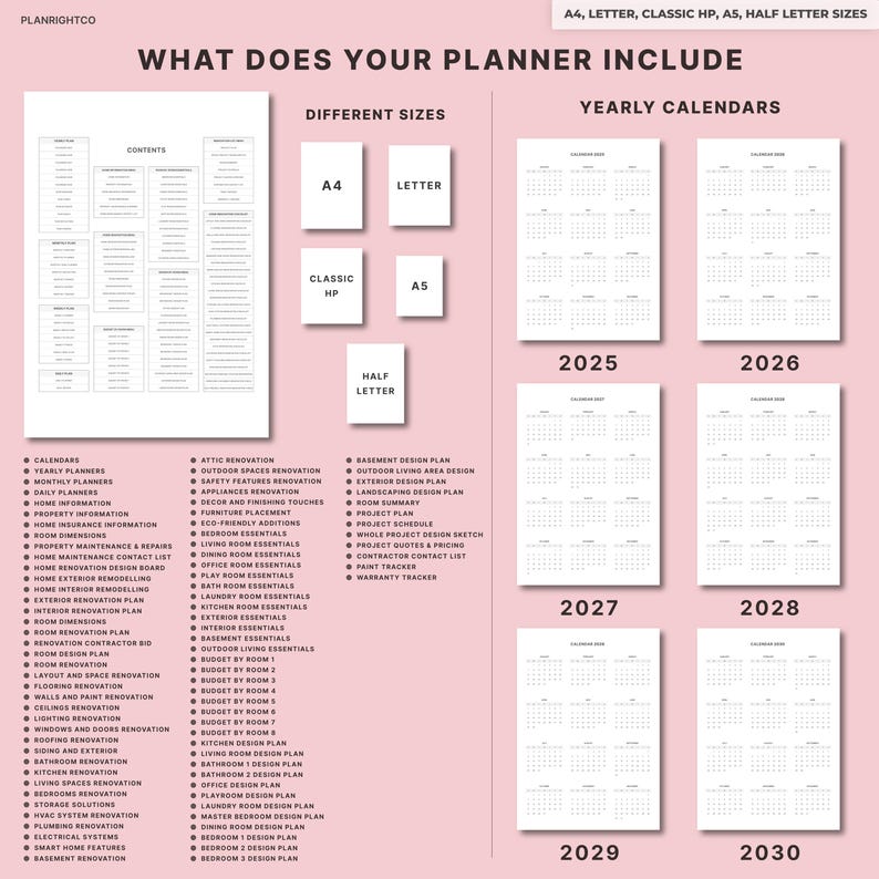 Puede incluir: Dise&ntilde;o de planificador con calendarios anuales de 2025 a 2030, en tama&ntilde;os A4, Letter, Classic HP, A5 y Half Letter. El planificador incluye secciones para calendarios, informaci&oacute;n del hogar y planes de renovaci&oacute;n.
