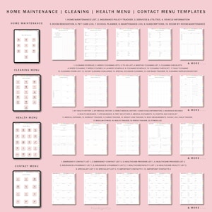 May include: A printable digital planner with a pink background and colorful icons. The planner is divided into four sections: Home Maintenance, Cleaning, Health, and Contact. Each section has a list of topics to track, such as home maintenance tasks, cleaning schedules, health records, and emergency contacts.