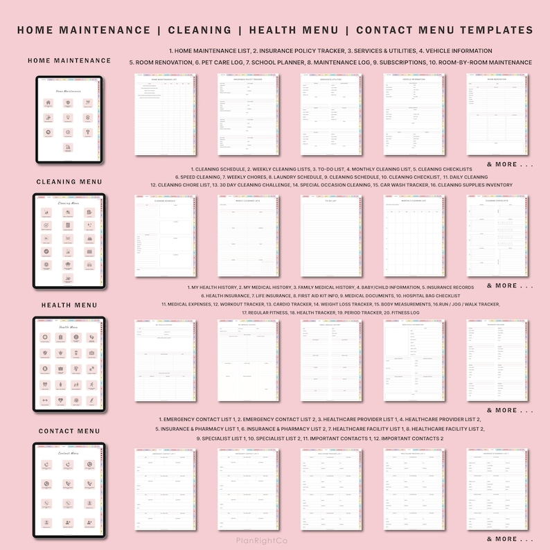 May include: A printable digital planner with a pink background and colorful icons. The planner is divided into four sections: Home Maintenance, Cleaning, Health, and Contact. Each section has a list of topics to track, such as home maintenance tasks, cleaning schedules, health records, and emergency contacts.