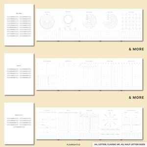 May include: A collection of white planner pages with various layouts for wellness, health, and productivity. The pages include charts, lists, and trackers. The text "& MORE" is visible. The bottom right corner of the image shows "PLANRIGHTCO" and "A4, LETTER, CLASSIC HP, A5, HALF LETTER SIZES".