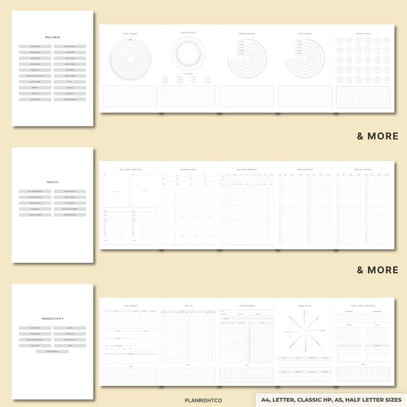 May include: A collection of white planner pages with various layouts for wellness, health, and productivity. The pages include charts, lists, and trackers. The text "& MORE" is visible. The bottom right corner of the image shows "PLANRIGHTCO" and "A4, LETTER, CLASSIC HP, A5, HALF LETTER SIZES".