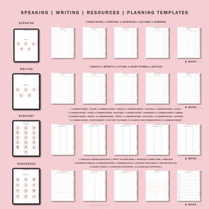 K&ouml;nnte beinhalten: Eine rosa und wei&szlig;e druckbare Planer-Vorlage mit den Worten "Speaking", "Writing", "Resources" und "Planning Templates" oben. Der Planer enth&auml;lt Abschnitte f&uuml;r "Speaking", "Writing", "Everyday" und "Resources". Jeder Abschnitt enth&auml;lt eine Liste von Themen und ein Raster f&uuml;r die Planung.