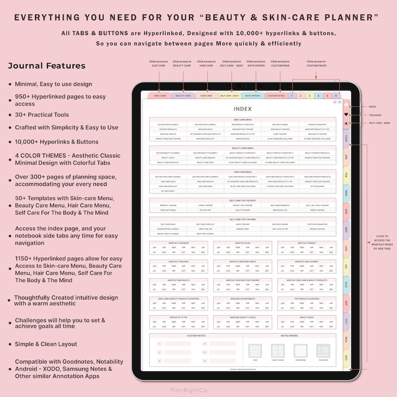 May include: A digital beauty and skincare planner displayed on a tablet. The planner features a clean, minimalist design with colorful tabs and hyperlinks. Text includes "Beauty & Skin-Care Planner," "Journal Features," and "Index."