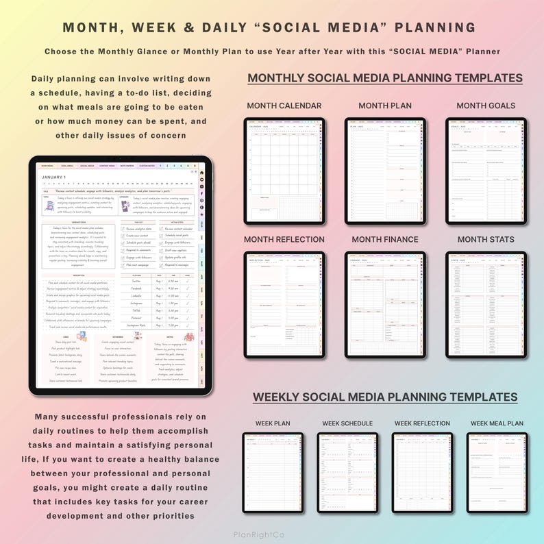 May include: A digital planner template for social media planning. The template includes monthly and weekly planning pages for calendar, goals, reflection, finance, stats, schedule, and meal plans. The template is designed to help users organize their social media activities and achieve their goals.