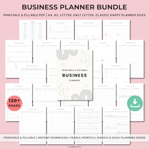 Può includere: Un pacchetto di pianificatore aziendale con pagine PDF stampabili e compilabili. La copertina presenta il testo "Printable & Editable Business Planner" con un design minimalista. Include oltre 120 pagine per la pianificazione annuale, mensile, settimanale e giornaliera.
