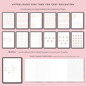 May include: A digital planner with hyperlinked side tabs for easy navigation. The planner includes 50 additional note-taking templates with lined, grid, dotted, blank, and small grid options. The text "Note Taking Templates" is displayed in a pink box.