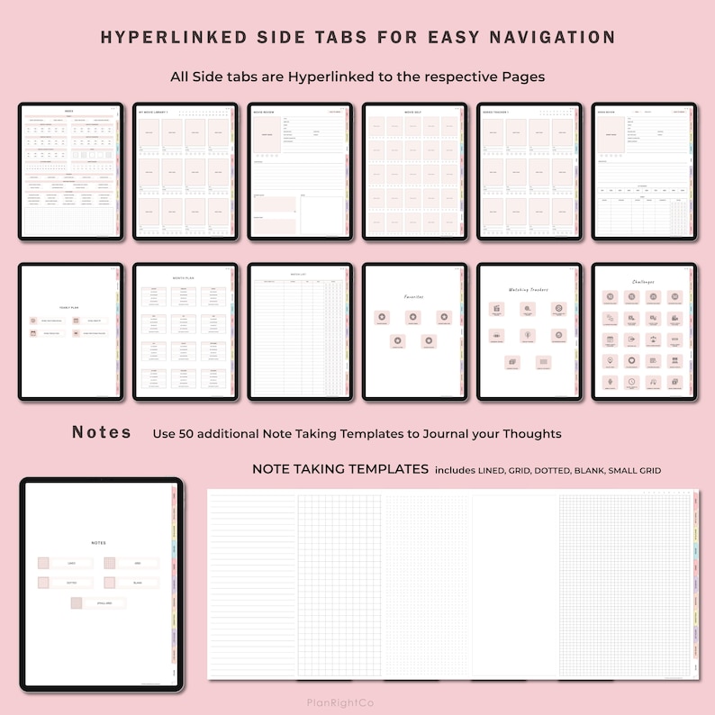 May include: A digital planner with hyperlinked side tabs for easy navigation. The planner includes 50 additional note-taking templates with lined, grid, dotted, blank, and small grid options. The text "Note Taking Templates" is displayed in a pink box.