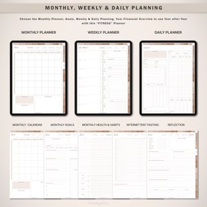 Op de afbeelding: Digitale planner met maandelijkse, wekelijkse en dagelijkse planningspagina's. De afbeelding toont een maandkalender, een weekplanner en een dagplanner. De planner bevat secties voor doelen, gezondheid, gewoonten, intermittent fasting en reflectie. De tekst op de afbeelding luidt "MONTHLY, WEEKLY & DAILY PLANNING".