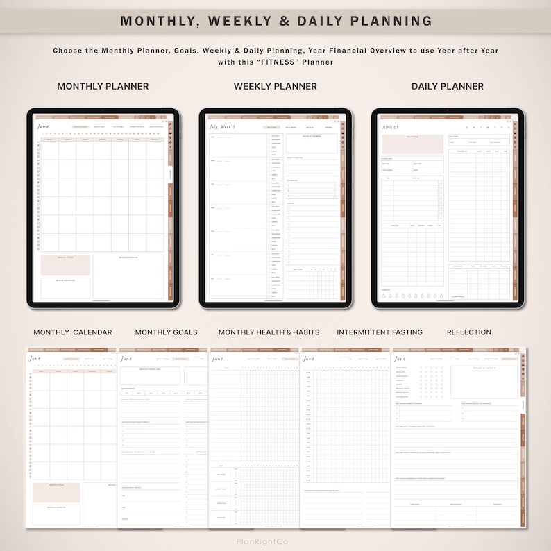 Op de afbeelding: Digitale planner met maandelijkse, wekelijkse en dagelijkse planningspagina's. De afbeelding toont een maandkalender, een weekplanner en een dagplanner. De planner bevat secties voor doelen, gezondheid, gewoonten, intermittent fasting en reflectie. De tekst op de afbeelding luidt "MONTHLY, WEEKLY & DAILY PLANNING".