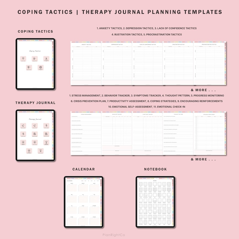 May include: A set of printable digital planner pages for therapy and coping skills. The pages include sections for coping tactics, therapy journal, calendar, and notebook. The pages are designed with a pink background and colorful accents.