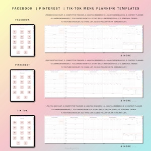 May include: A digital planner template for social media marketing. The template is divided into sections for Facebook, Pinterest, and TikTok. Each section includes a list of tasks to help plan and manage social media content.