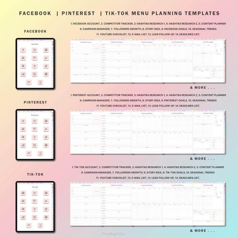 May include: A digital planner template for social media marketing. The template is divided into sections for Facebook, Pinterest, and TikTok. Each section includes a list of tasks to help plan and manage social media content.