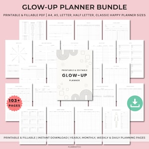 Utskrivbar Glow Up-planerare | Självvårds- och välbefinnandeplanerare | Skönhet, hudvård, fitness, livsstil, humörspårare | Glow Up-guide, A4 A5 brev bild 1