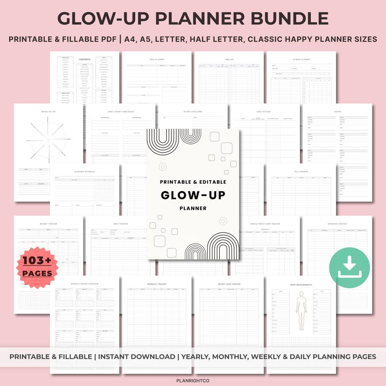 Utskrivbar Glow Up-planerare | Självvårds- och välbefinnandeplanerare | Skönhet, hudvård, fitness, livsstil, humörspårare | Glow Up-guide, A4 A5 brev bild 1