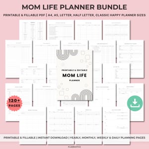 Può includere: Un pacchetto di pagine stampabili del Mom Life Planner. La copertina presenta il testo "MOM LIFE PLANNER" con un design minimalista. Include oltre 120 pagine per la pianificazione annuale, mensile, settimanale e giornaliera. Disponibile nei formati A4, A5, Letter e Half Letter.