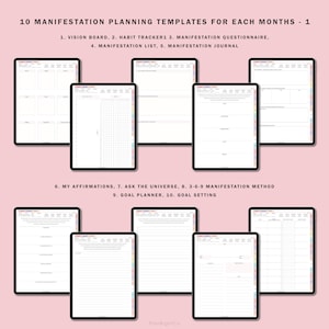 May include: Ten printable templates for manifestation planning, including a vision board, habit tracker, manifestation questionnaire, manifestation list, manifestation journal, affirmations, ask the universe, 3-6-9 manifestation method, goal planner, and goal setting.