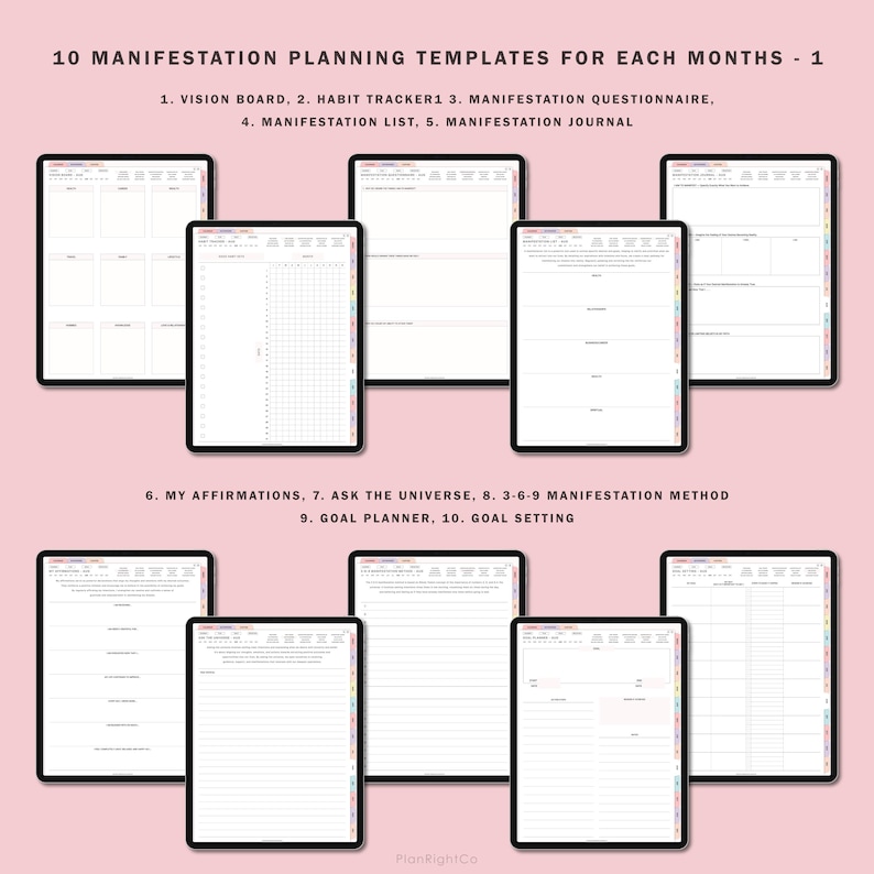 May include: Ten printable templates for manifestation planning, including a vision board, habit tracker, manifestation questionnaire, manifestation list, manifestation journal, affirmations, ask the universe, 3-6-9 manifestation method, goal planner, and goal setting.