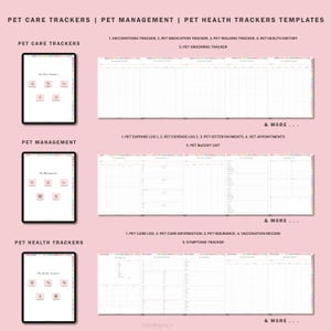 May include: Printable pet care trackers, management, and health templates. The image shows three different sections: Pet Care Trackers, Pet Management, and Pet Health Trackers. Each section has a list of trackers, such as vaccination tracker, medication tracker, expense log, and symptoms tracker.