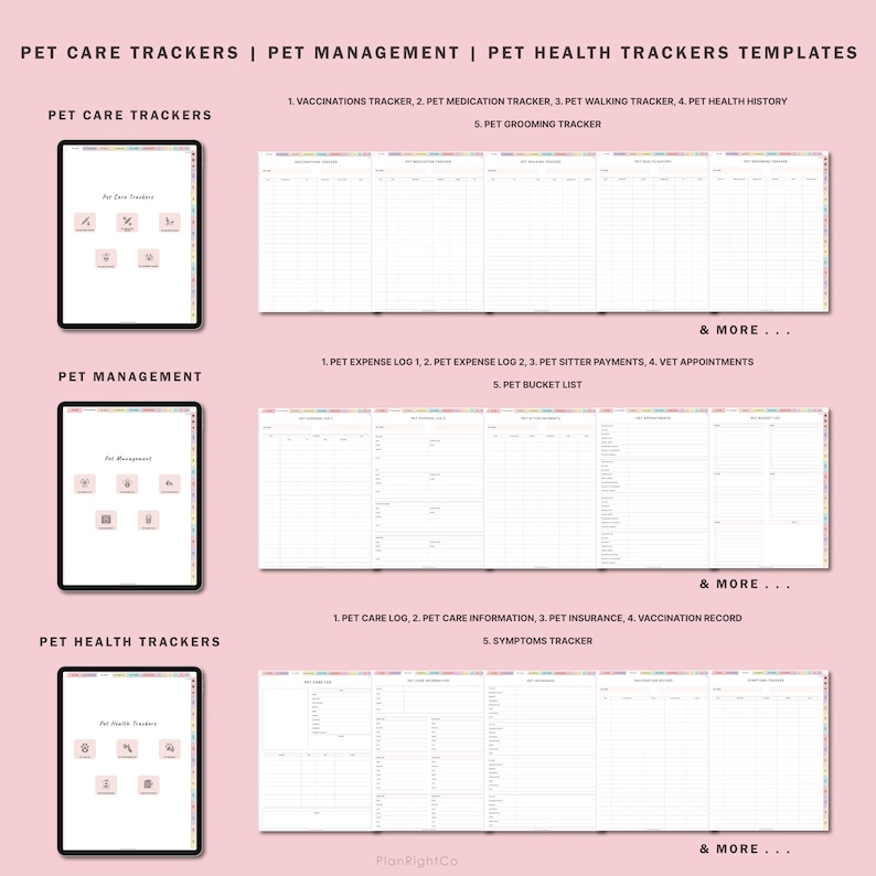 May include: Printable pet care trackers, management, and health templates. The image shows three different sections: Pet Care Trackers, Pet Management, and Pet Health Trackers. Each section has a list of trackers, such as vaccination tracker, medication tracker, expense log, and symptoms tracker.