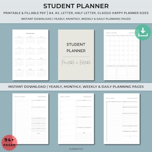 Könnte beinhalten: Ein Studentenplaner mit druckbaren und ausfüllbaren PDF-Seiten. Der Planer enthält Jahres-, Monats-, Wochen- und Tagesplanungsseiten. Auf dem Cover steht "Student Planner" mit "Printable & Editable" darunter. Das Bild zeigt auch einen Kalender.