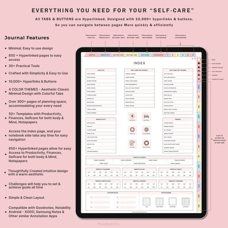 May include: A digital planner with a pink and white color scheme. The planner is designed for self-care and includes sections for lifestyle, productivity, self-care for the body, self-care for the mind, notes, and custom notes. The planner has a tabbed index with colorful tabs for each section. The planner is compatible with Goodnotes, Notability, XODO, Samsung Notes, and other similar annotation apps.