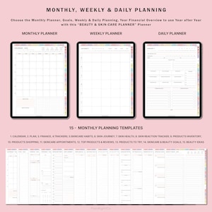 May include: Digital planner with monthly, weekly, and daily planning templates. Includes calendar, finance, skincare habits, and beauty goals. The text says "BEAUTY & SKIN-CARE PLANNER" and "MONTHLY, WEEKLY & DAILY PLANNING".