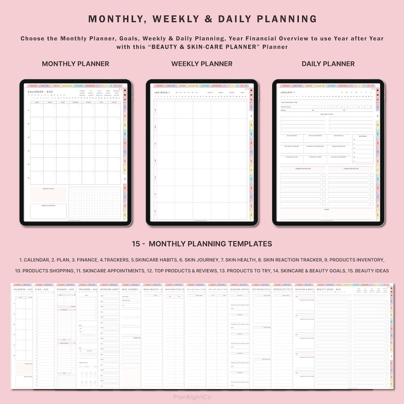 May include: Digital planner with monthly, weekly, and daily planning templates. Includes calendar, finance, skincare habits, and beauty goals. The text says "BEAUTY & SKIN-CARE PLANNER" and "MONTHLY, WEEKLY & DAILY PLANNING".