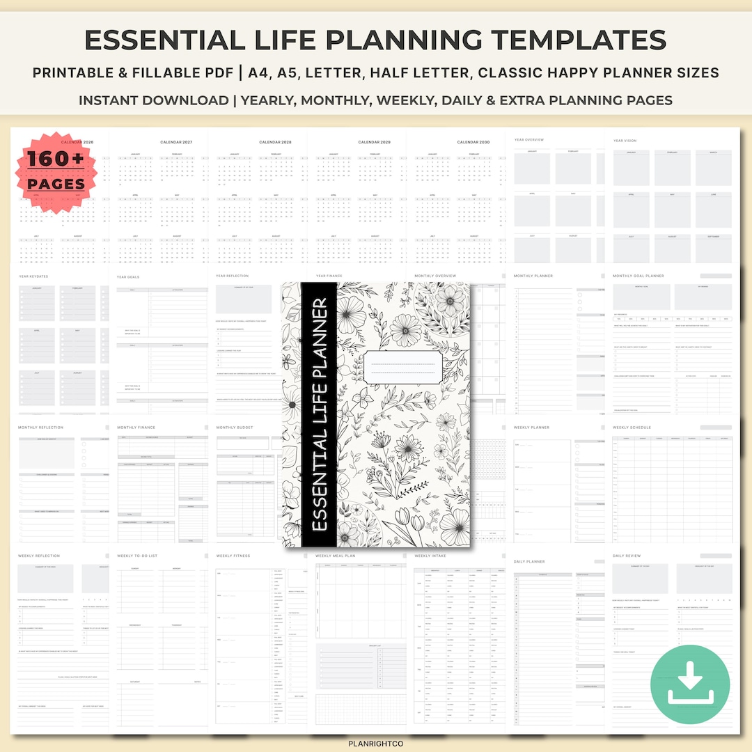 Printable Essential Life Planner Bundle | Undated All in One Home ...