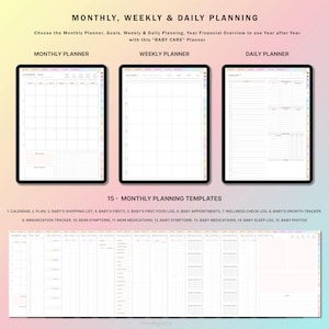 May include: A digital planner for new parents with 15 different templates, including a calendar, baby shopping list, baby's firsts, baby's first food log, baby appointments, wellness check log, baby's growth tracker, immunization tracker, mom symptoms, mom medications, baby symptoms, baby medications, baby sleep log, and baby photos.