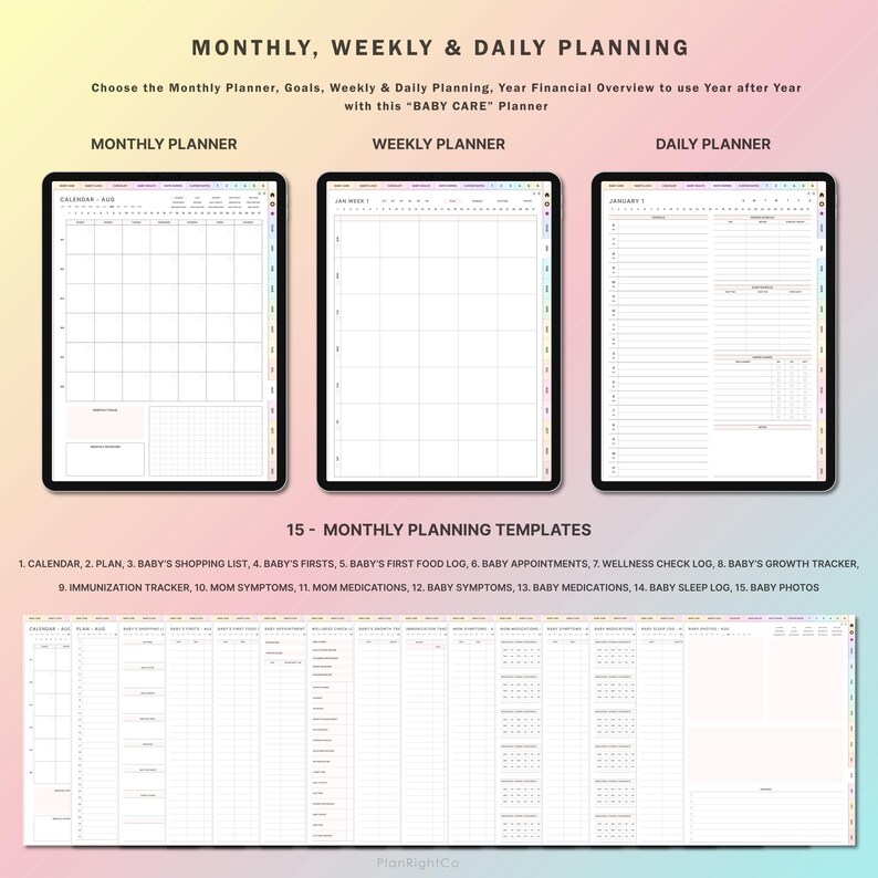 May include: A digital planner for new parents with 15 different templates, including a calendar, baby shopping list, baby's firsts, baby's first food log, baby appointments, wellness check log, baby's growth tracker, immunization tracker, mom symptoms, mom medications, baby symptoms, baby medications, baby sleep log, and baby photos.