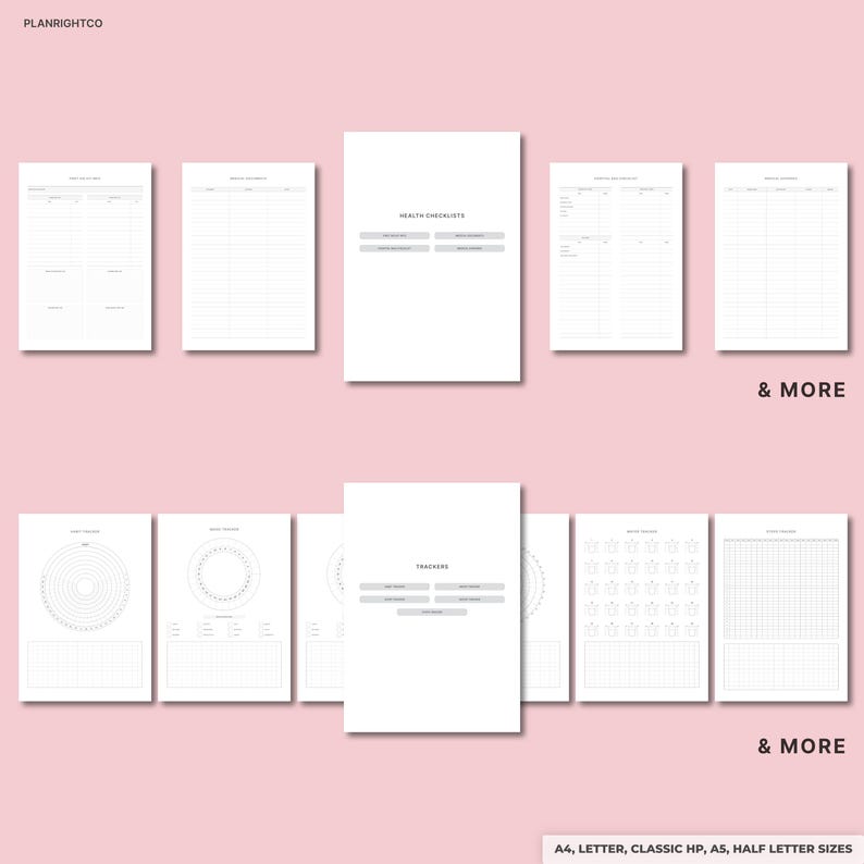 May include: A collection of white printable planner pages with various layouts for health checklists and trackers. The pages include the text "HEALTH CHECKLISTS" and "TRACKERS". The bottom right corner of the image includes the text "& MORE".