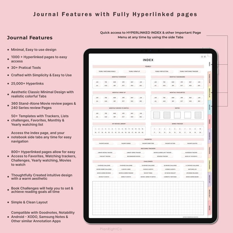 May include: A digital planner with a pink background and a white index page. The index page includes sections for yearly, monthly, and daily planning. The planner is designed for use with digital note-taking apps like Goodnotes, Notability, and XODO.
