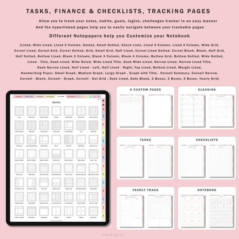 May include: A digital planner with a variety of page layouts for note-taking, task management, and tracking. The planner includes pages for notes, tasks, checklists, cleaning, yearly tracking, and a notebook. The pages are organized in a grid format with different line styles and grid sizes.