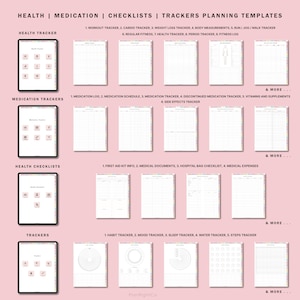 May include: Printable health and wellness trackers and checklists. The image shows a variety of printable templates for tracking health, medication, and fitness. The templates include trackers for workouts, weight loss, sleep, mood, water intake, and steps. There are also checklists for first aid kits, medical documents, and hospital bags.