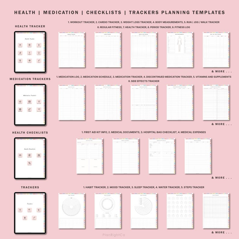 May include: Printable health and wellness trackers and checklists. The image shows a variety of printable templates for tracking health, medication, and fitness. The templates include trackers for workouts, weight loss, sleep, mood, water intake, and steps. There are also checklists for first aid kits, medical documents, and hospital bags.