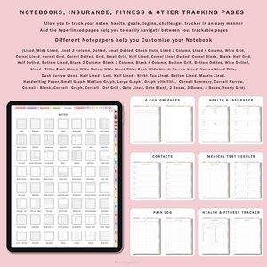 May include: A digital tablet screen displaying a variety of notebook page templates. The templates include lined, dotted, grid, and Cornell note styles. The templates are labeled with names like "Notes", "Contacts", "Health & Insurance", and "Pain Log".