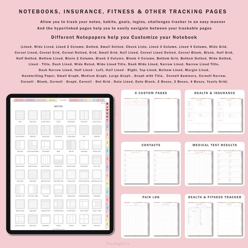 May include: A digital tablet screen displaying a variety of notebook page templates. The templates include lined, dotted, grid, and Cornell note styles. The templates are labeled with names like "Notes", "Contacts", "Health & Insurance", and "Pain Log".