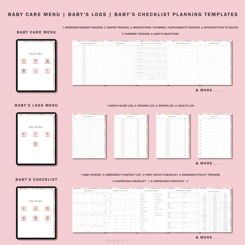 May include: A printable checklist planning template for baby care, logs, and checklists. The template includes sections for newborn feeding tracker, diaper tracker, medications, vitamins, supplements tracker, introduction to solids, pumping tracker, baby's milestone, month sleep log, feeding log, diaper log, health log, baby budget, emergency contact list, first aid kit checklist, insurance policy tracker, and diaper bag checklist.